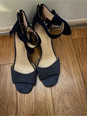 Tommy Hilfiger Navy Suede Ankle-Strap Heels with Bow Accent